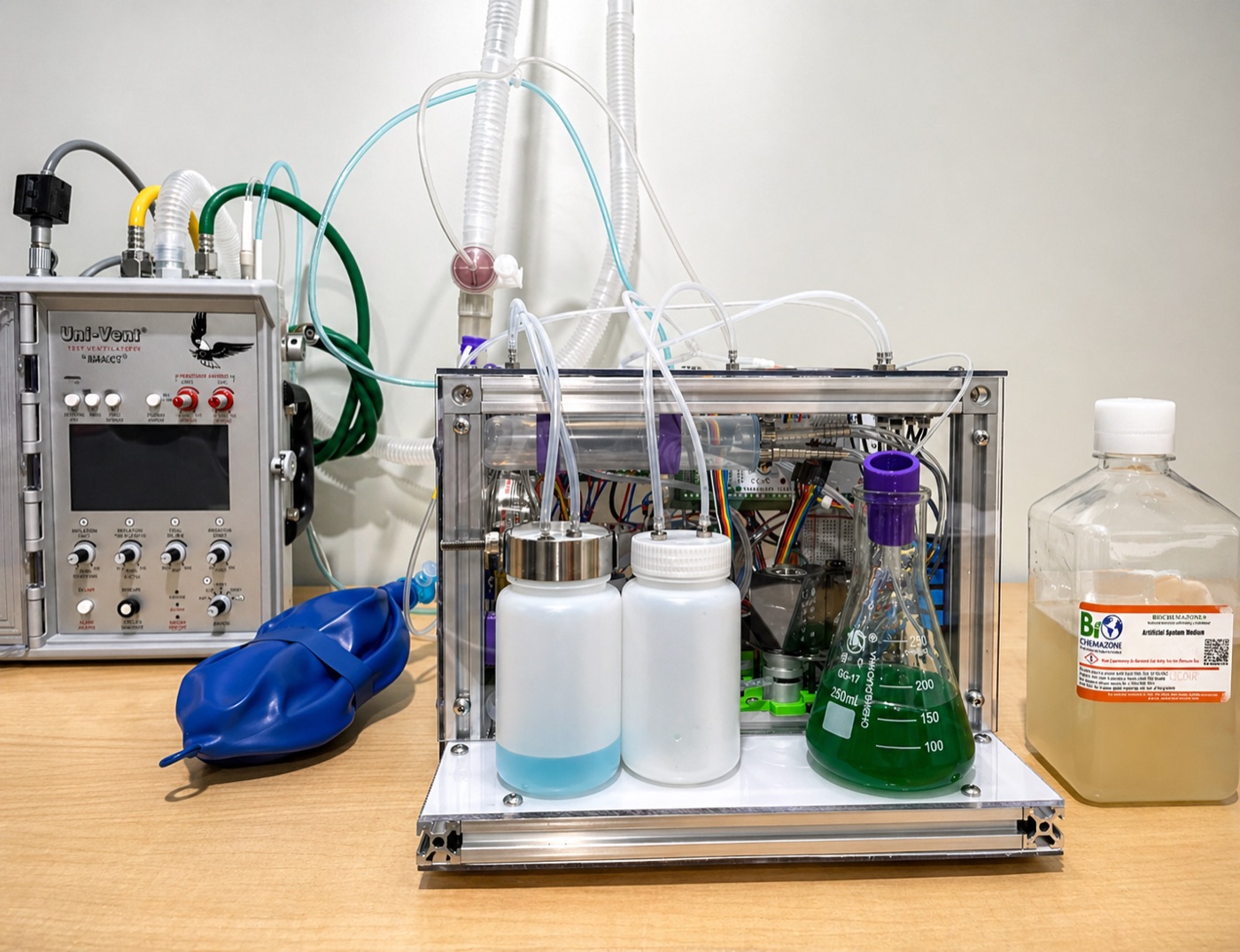 SABLAA first generation prototype on a bench alongside a test ventilator, irrigation and suction reservoirs, and artificial sputum medium